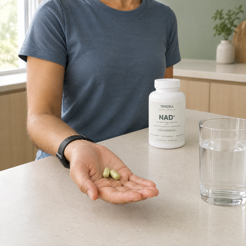 A hand holding two pale yellow-green capsules above a kitchen counter, with a bottle of Trucell NAD+ standing behind