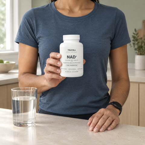 A person in a kitchen holding a bottle of Trucell NAD+ at chest height, a glass of water on the counter