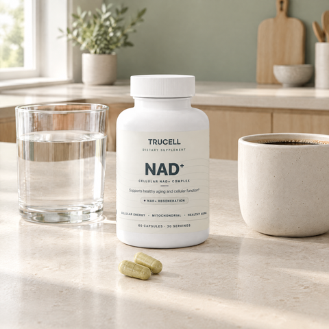 A bottle of Trucell NAD+ on a kitchen counter with a glass of water and a ceramic cup of black coffee and two pale yellow-green capsules in front